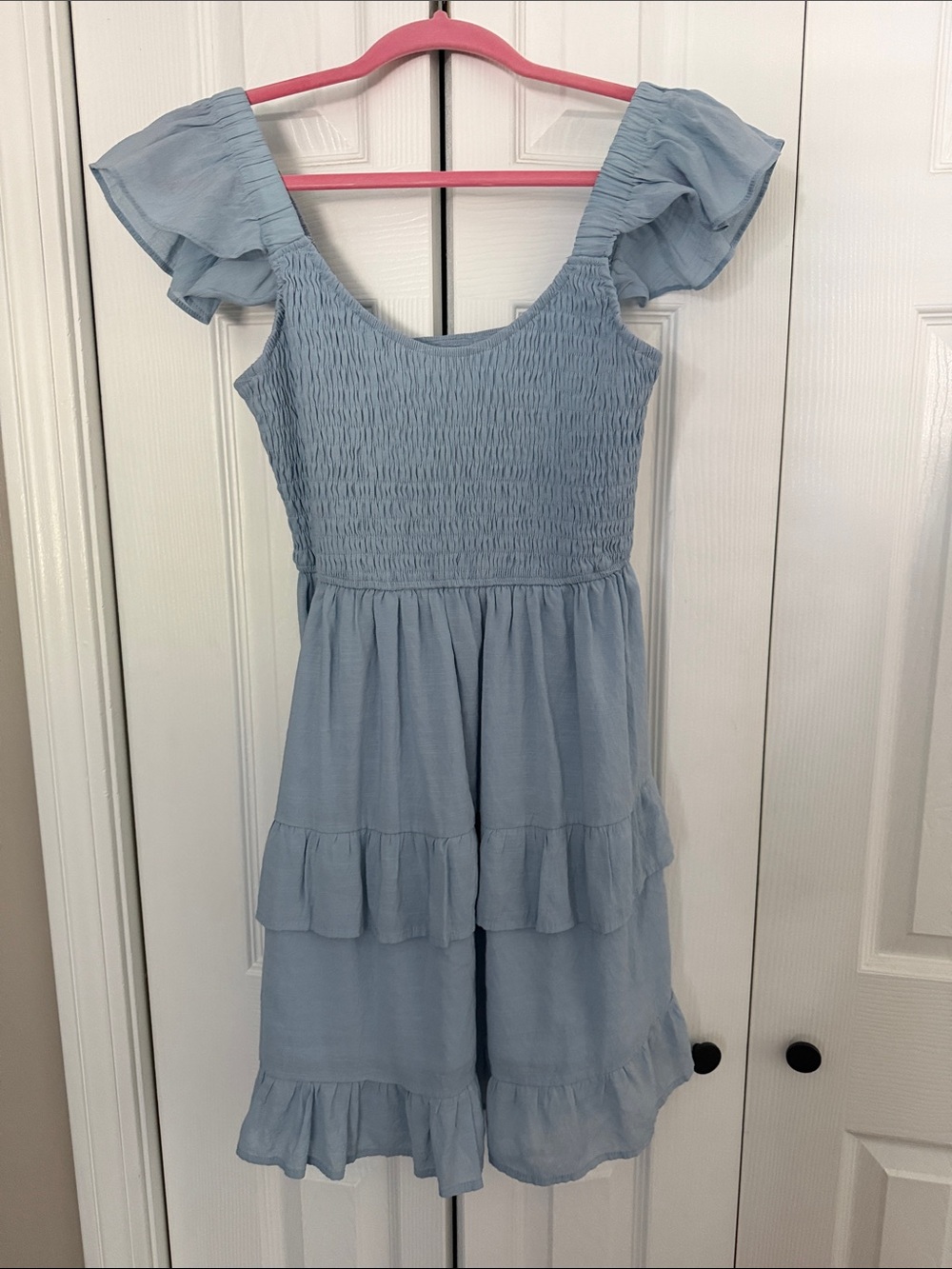 Smocked Ruffle Casual Dress in Light Blue